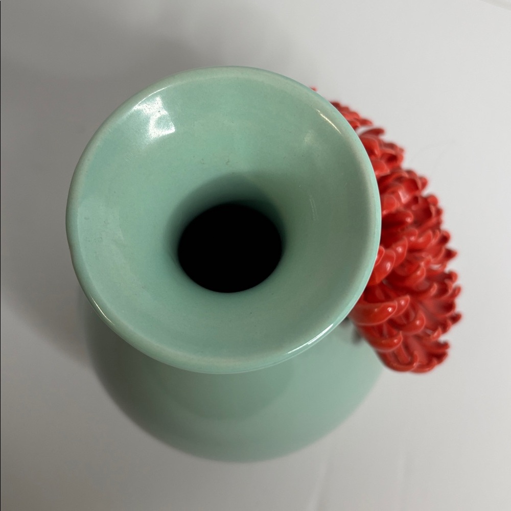 Anthropologie 3D Applied Chrysanthemum Vase Light Blue & Coral (approx 9.25โ) - Picture 7 of 16